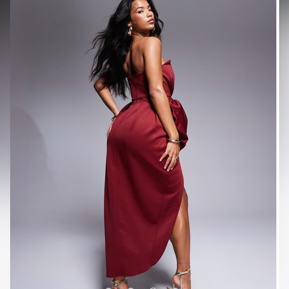 NWT ASOS DESIGN bandeau midi dress with oversized bow in burgundy - Picture 3 of 10